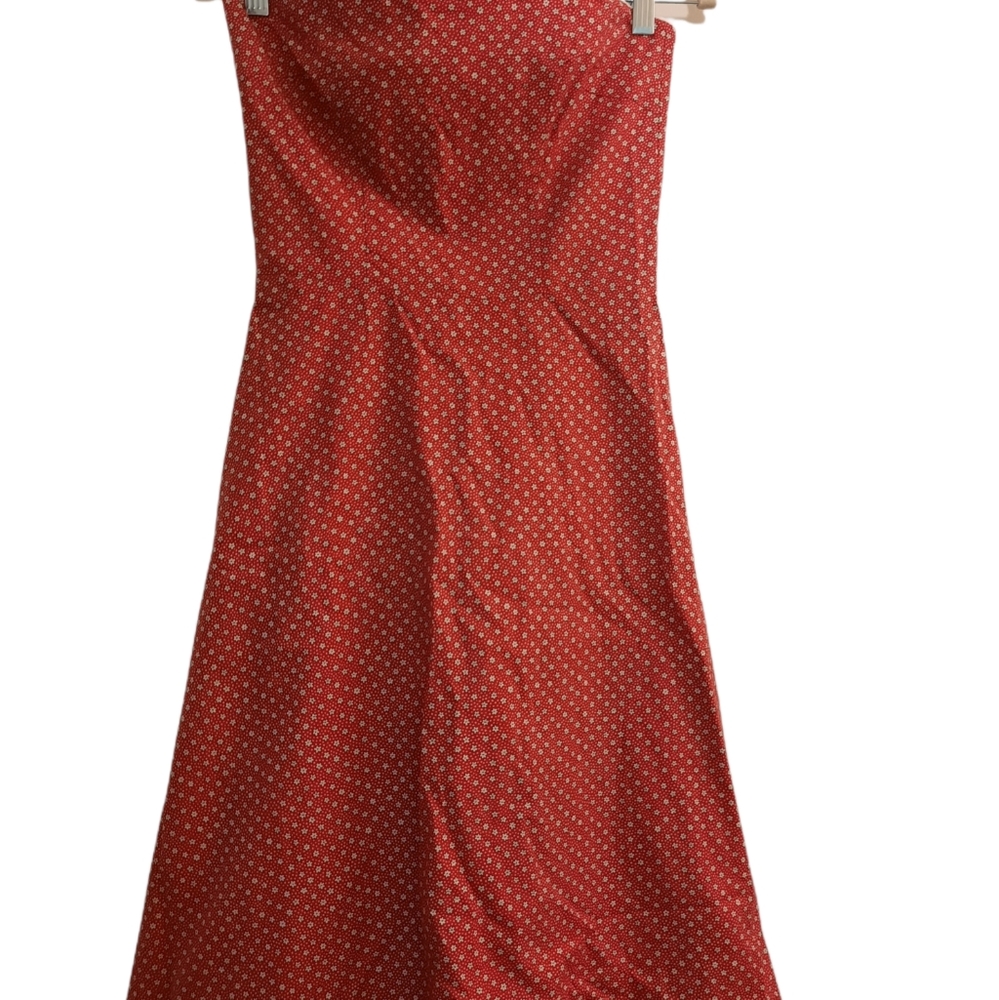Red micro floral polka dot strapless dress. Princess Polly style